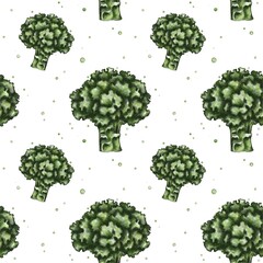 Seamless pattern with drawn broccoli in green colors. Vegetable print. Pattern for kitchen textiles, wallpaper, accessories and other kitchen appliances.