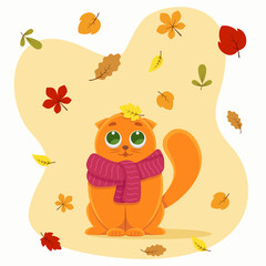 vector illustration red cat sits under autumn leaf fall