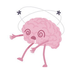 Dizzy human brain cute character losing balance pose. Spinning around in Alzheimer's disease, dementias, Parkinson movement disorder problem, trauma, stroke, seizures. Vector flat style illustration