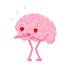 Obraz premium Human brain cute character in love. Heart-shaped eyes, strong emotional attachment and sexual attraction, deep pleasure, adoration or gratitude, tender attachment. Vector flat style illustration
