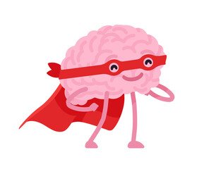 Human brain cute character in mask and hero cloak. Super smart, high cognitive performance, memory superpowers, mentally gifted, creativity and outstanding achievement. Vector flat style illustration © andrew_rybalko