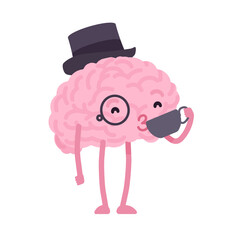 Elegant human brain cute character with hat, coffee. Getting strength, vitality, power, ability to be physically and mentally active, encourage to increase or improve. Vector flat style illustration