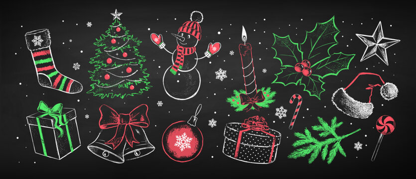 Chalk drawn set of Christmas illustrations