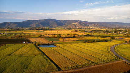 Drone photo of a landscape in Tuscany