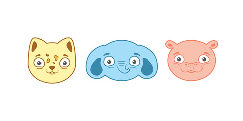 Set of three cartoon joyful cute muzzle. Happy lovely elephant, leopard and hippo faces for kids sticker or any other childish design. Funny colorful animal heads illustration