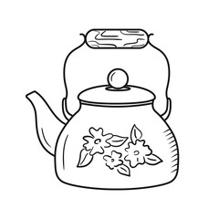 Outline teapot doodle. Hand drawn silhouette of vintage kettle. Teatime vector item isolated on white. Black line tea ceremony object