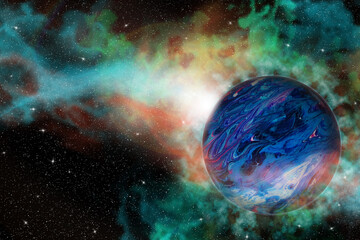 Abstract cosmic background - a blue planet on the background of a cosmic nebula.