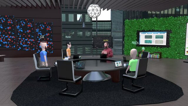 Metaverse online business meeting with real human hologram next to avatars. 3D render animation futuristic universe virtual reality digital technology videoconference internet meeting cyberspace