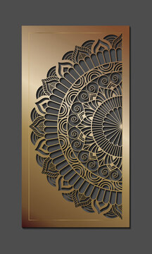 Vector Laser cut panel. Elegant, luxury ornamental mandala design in gold colour on black background. Mandala with floral patterns. Yoga template. Laser cut files, Vector illustration.