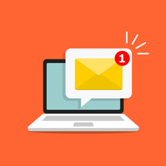 Email notification concept. New email on the laptop screen. Vector illustration in flat style.
