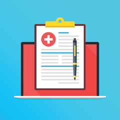 Clinical record, prescription, medical checkup report, health insurance concepts. Clipboard with checklist and medical cross and doctor hands in mockup style for website or mobile apps design. eps10
