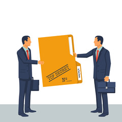 Person give secret documents. Top secret folder. Documents confidentially. Paper information in file. Deal transmission of information. Cartoon flat vector illustration design
