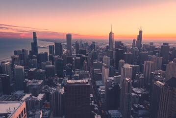Fototapeta na wymiar Cityscape aerial view of Chicago from observation deck at sunset.
