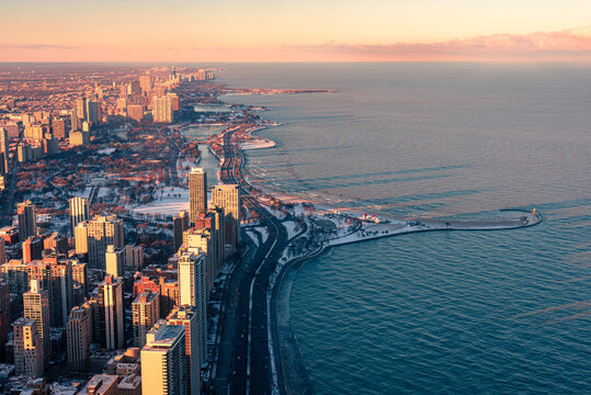 Cityscape Aerial View Of Chicago From Observation Deck At Sunset.