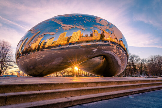 Chicago,Illinois,USA-December 29 2021 : Cloud Gate or the bean is at Millennium Park in the Loop community area of Chicago.