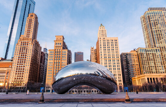 Chicago,Illinois,USA-December 29 2021 : Cloud Gate or the bean is at Millennium Park in the Loop community area of Chicago.