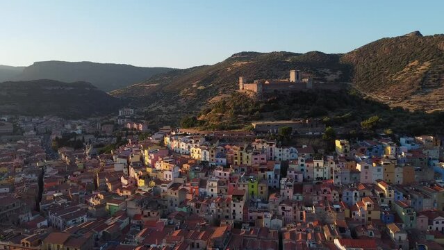 Aerial view of the town of Bosa, from the river to the Malaspina castle