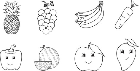 Cute fruits set coloring page isolated on the white background with pineapple, grapes, banana, carrot, apple, watermelon, mango.