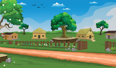 Obraz na płótnie Canvas Village cartoon background illustration background with sun, four houses trees, and narrow road.