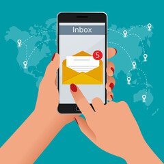 hand holding smartphone with icon mail. reply to mail. notification