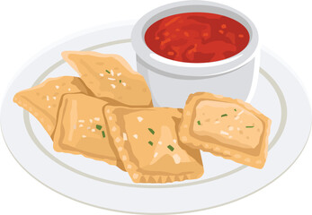 Breaded fried Italian ravioli with hot marinara tomato dipping sauce. Flat vector illustration isolated on white background