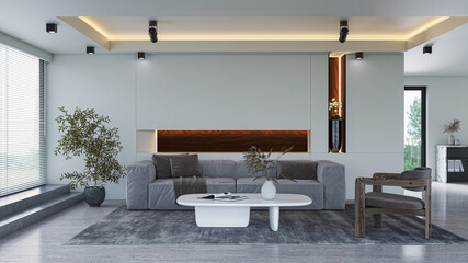 Illustration 3D rendering large luxury modern bright interiors Living room mockup computer digitally generated image