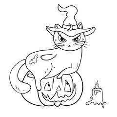 Illustration for children's coloring. Witch cat in a hat lies on a pumpkin. Elements for Halloween. Funny print. Hand drawn. Black and white illustration isolated on white background.