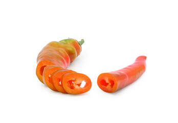 Sliced red hot chili pepper isolated on white background side view. Seasoning for cooking.