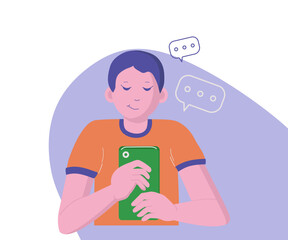 The boy with the phone writes a message. Chat, correspondence in the network, internet.Man and smartphone. Vector flat illustration.