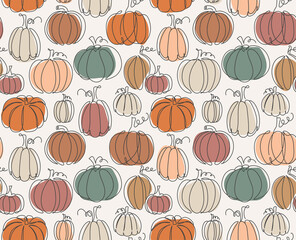 Continuous line seamless pumpkin pattern. Rustic fall background. Modern autumn vector illustration