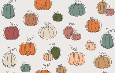 Continuous line seamless pumpkin pattern. Rustic fall background. Autumn vector illustration