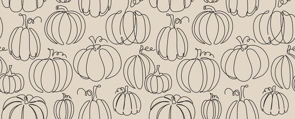 Continuous line seamless pumpkin pattern. Line art fall background. Autumn vector illustration