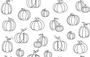 Continuous line seamless pumpkin pattern. Pumpkin icon fall background. Autumn vector illustration
