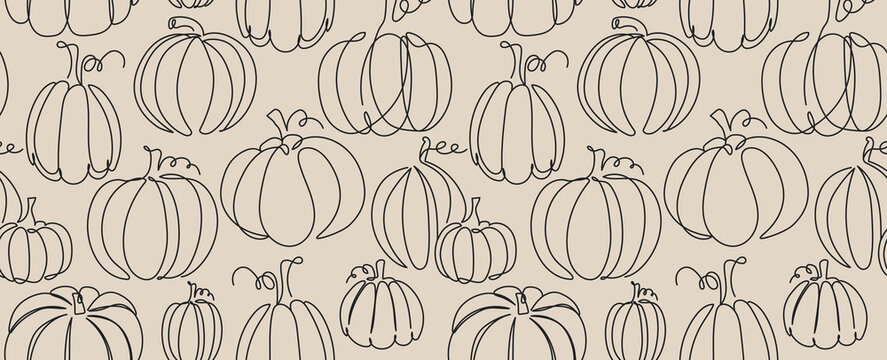 Continuous line seamless pumpkin pattern. Line art fall background. Autumn vector illustration