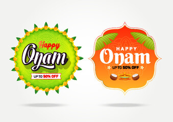 South India's Happy Onam Discount upto 50% off Banner, Logo design, Sticker, Concept, Greeting Card, Template, Icon Unit, Label, Web, Poster, logo unit