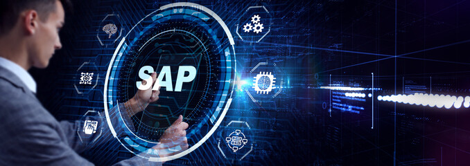 Obraz premium SAP System Software Automation concept on virtual screen data center. Business, modern technology, internet and networking concept.