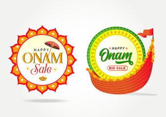 Happy Onam Sale offer Logo, Symbol, Sign, banner, Poster, Tag, Sticker, Floral design . boat race, Vector, icon, Illustration, Umbrella, South Indian Festival celebration.