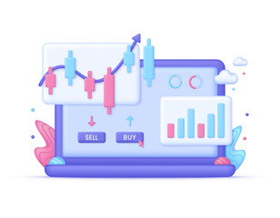 Obraz premium 3D Cryptocurrency trading online on computer illustration. Stock market chart. Market analytics and trading concept. Trading strategy. Global stock exchanges index.