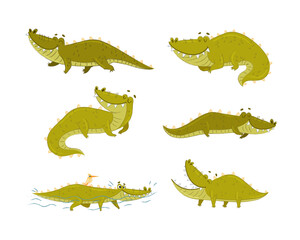 Cute Green Toothy Crocodile or Gator Character Engaged in Different Activity Vector Set