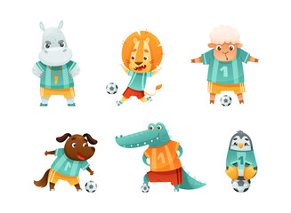 Obraz na płótnie Canvas Wild Animal Characters Playing Football Wearing Uniform Passing Ball Vector Set