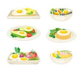 Tasty Dishes with Eggs Served on Plate as Savory Breakfast Meal Vector Set