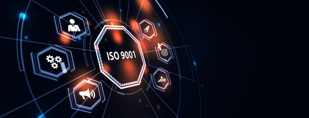 Business, technology, internet and network concept. Virtual screen of the future with the inscription: ISO 9001 3d illustration