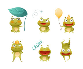 Obraz premium Cute Green Frog or Toad Character Engaged in Different Activity Vector Set