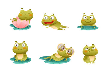 Obraz premium Cute Green Frog or Toad Character Engaged in Different Activity Vector Set