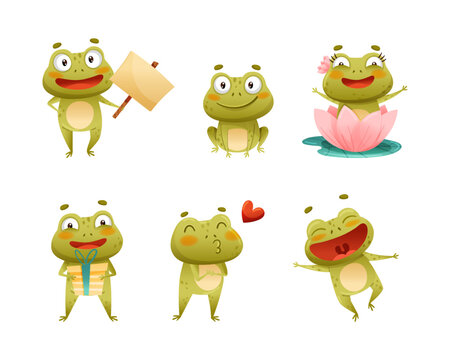 Cute Green Frog or Toad Character Engaged in Different Activity Vector Set