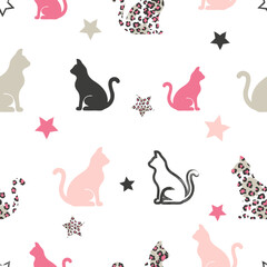 Fototapeta na wymiar Seamless vector pattern with cats and leopard print. Textile, fabric design