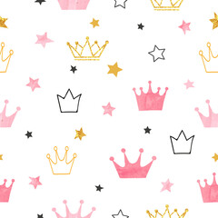 Little princess seamless pattern with pink crowns and stars. © Afanasia