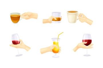 Hands Holding Different Drinks with Glass of Red Wine, Cognac and Tea Cup Vector Set