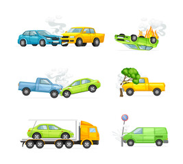 Fototapeta na wymiar Car Crash and Road Traffic Accidents in Different Situation Vector Set