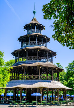 Munich, Germany - June 14: famous chinese bell tower at the english garden in munich on June 14, 2022